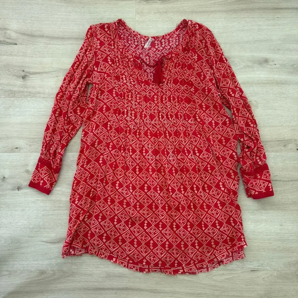 Free People Pintuck Marlow Swing Dress Tunic Red Cream Orange Size Small